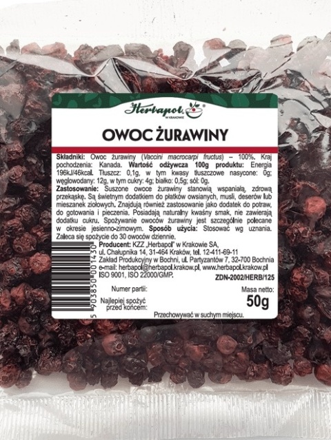 ŻURAWINA OWOC 50g HERBAPOL KRAKÓW